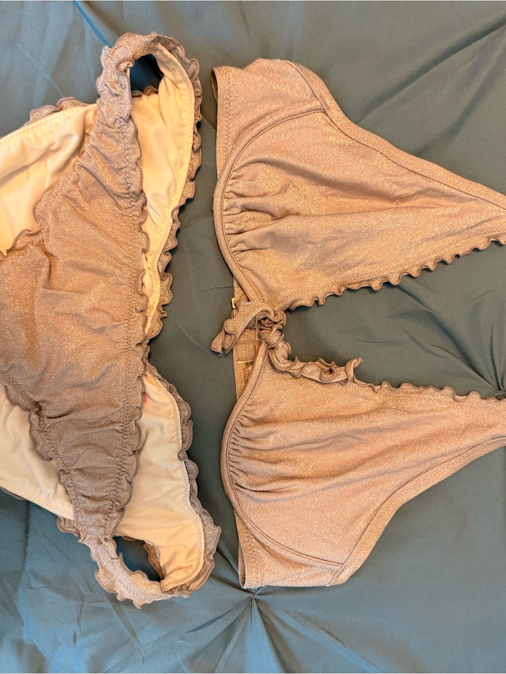 Victoria's Secret Shimmery Silver Taupe Ruffle Bikini Set 34B/ Lg bottom
